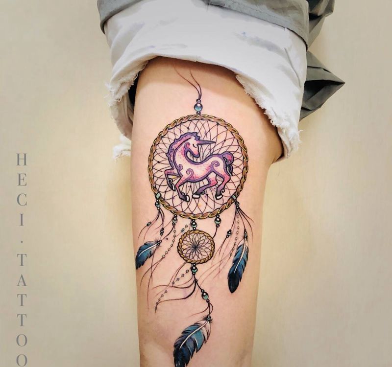 捕梦网与独角兽纹身图片_成品纹身图案