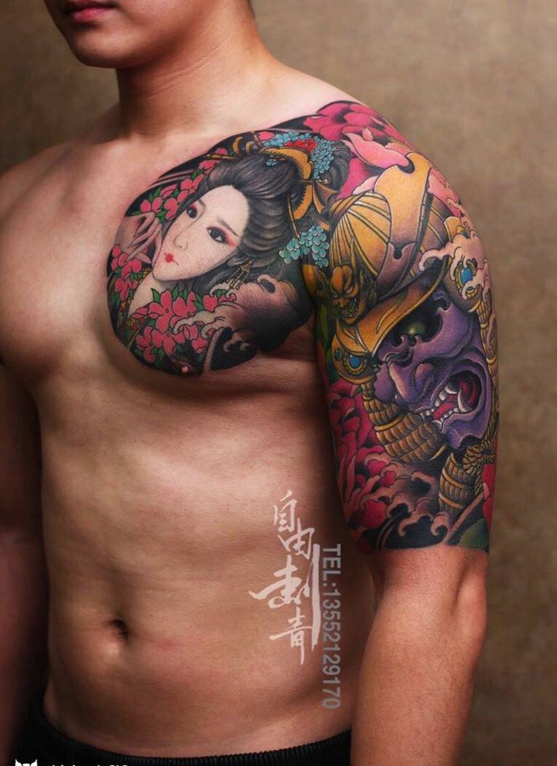 武士半甲纹身图片_传统成品肩部胸部纹身图案