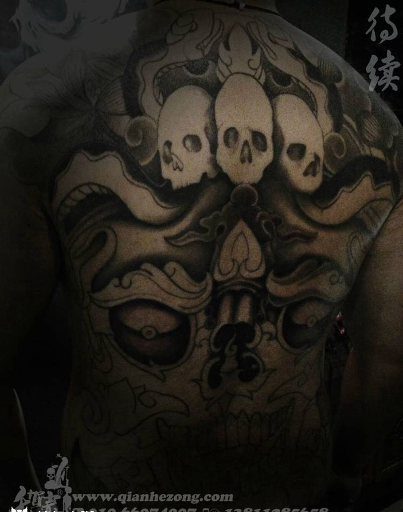 东四店辰辰满背待续纹身图片_人物鬼神背部手稿成品插画传统欧美国画原创纹身图案