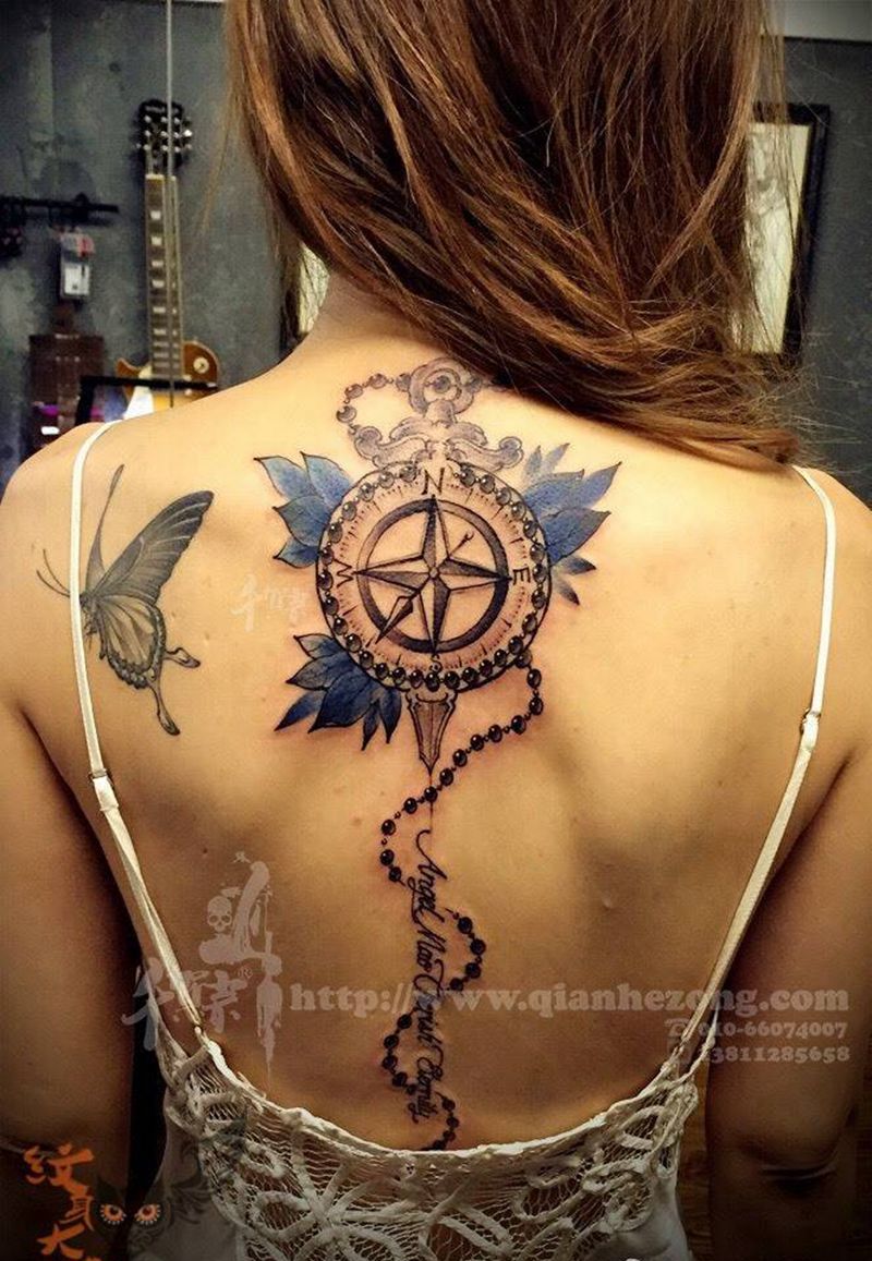 指南针纹身图片_插画成品颈部肩部腰部欧美清新习俗几何植物纹身图案