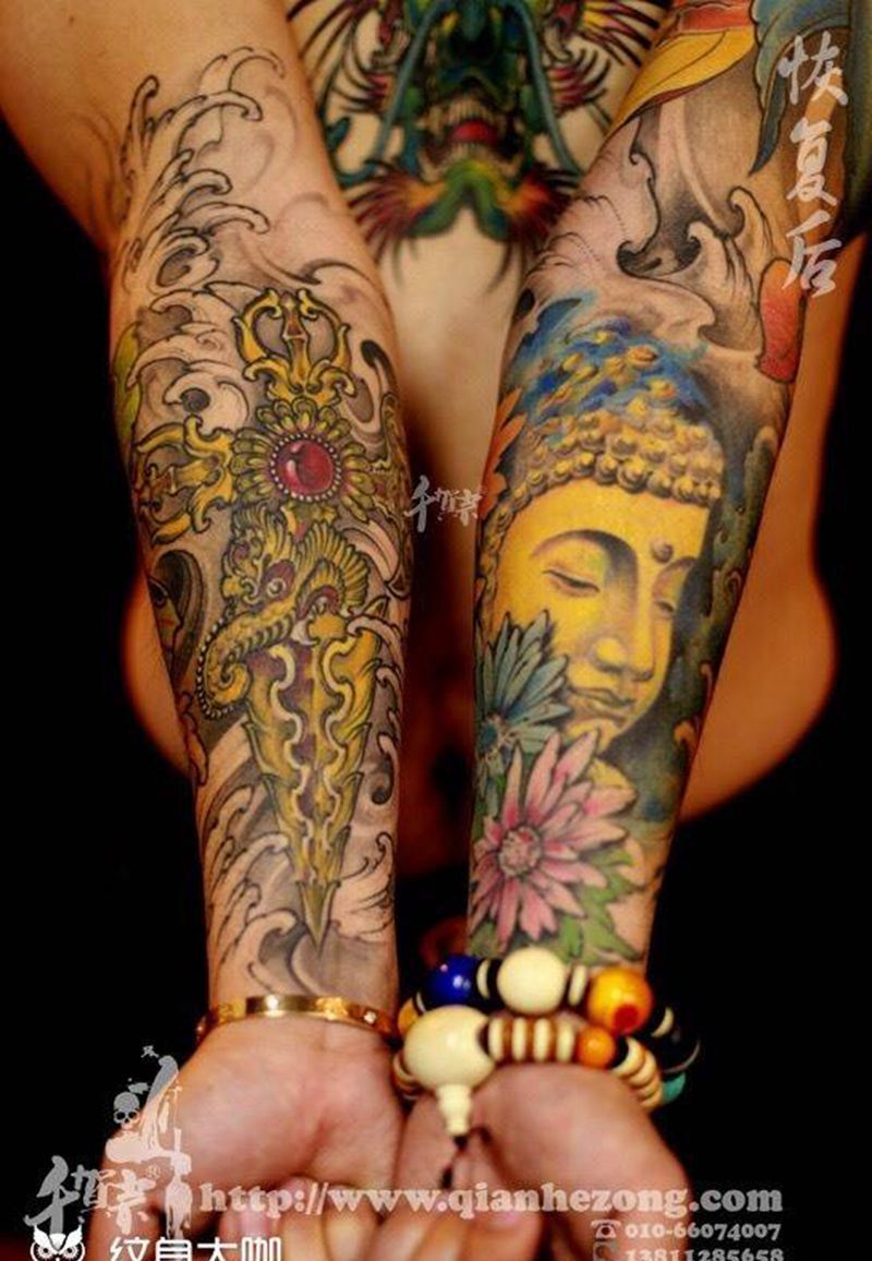 包小臂纹身图片_手臂成品插画手稿习俗传统人物鬼神静物植物纹身图案