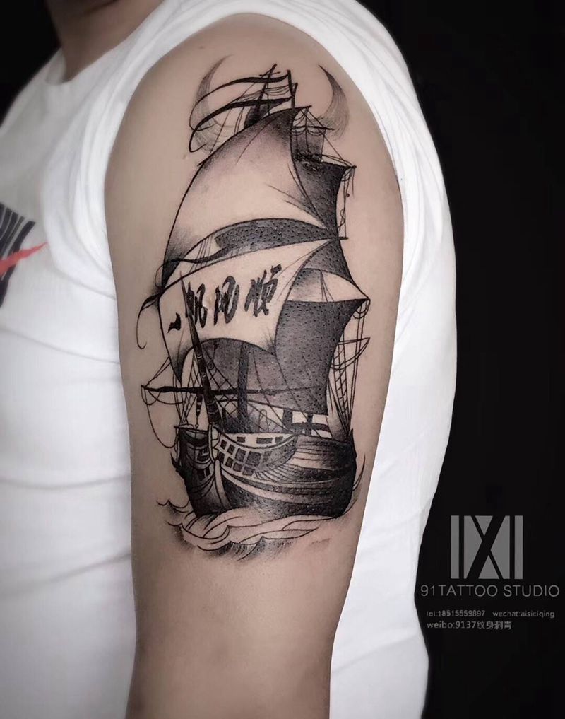 帆船纹身图片_手臂纹身图案