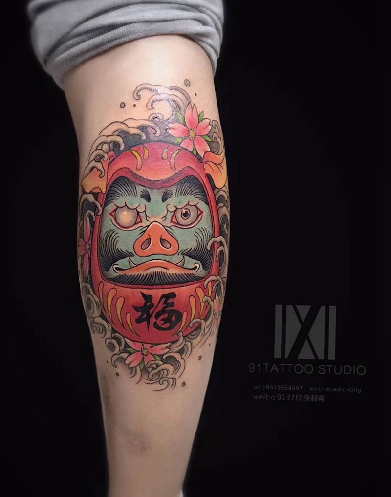 达摩蛋纹身图片_腿部老传统纹身图案