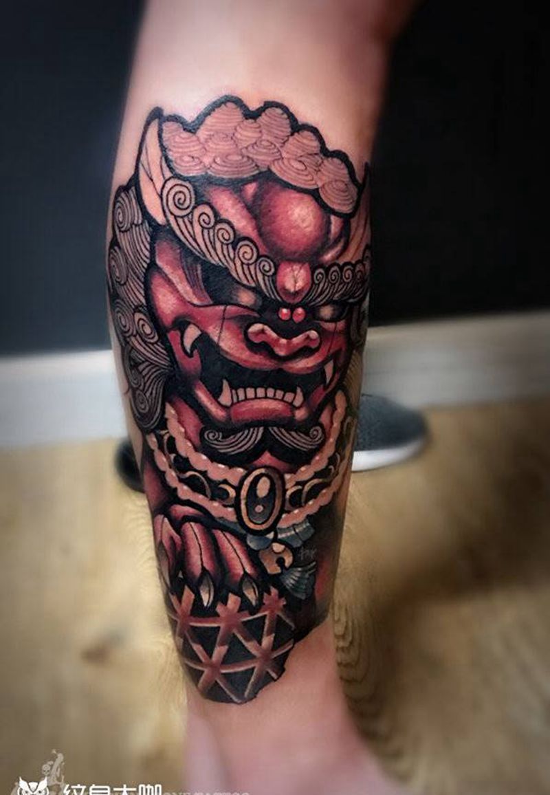 Jay作品待续纹身图片_腿部新传统New School唐狮子包小腿纹身图案