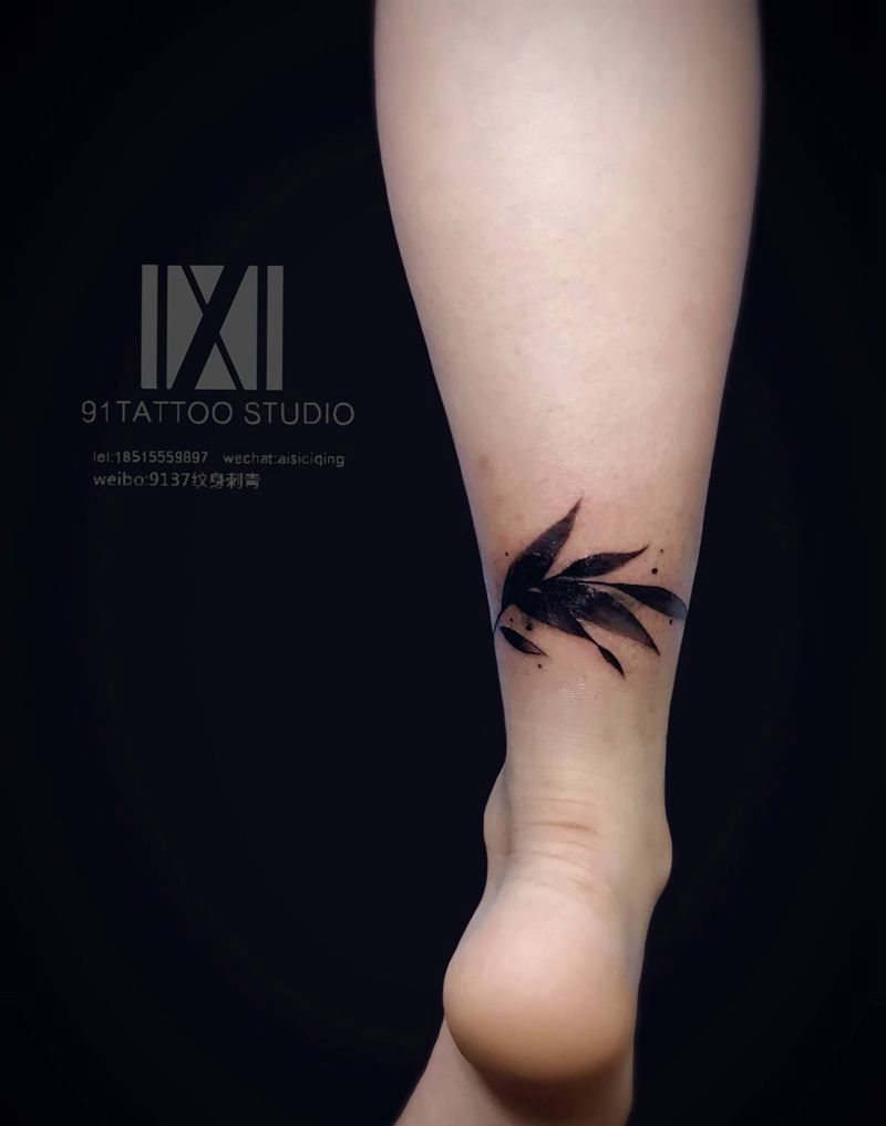 遮盖纹身图片_腿部图腾叶子纹身图案