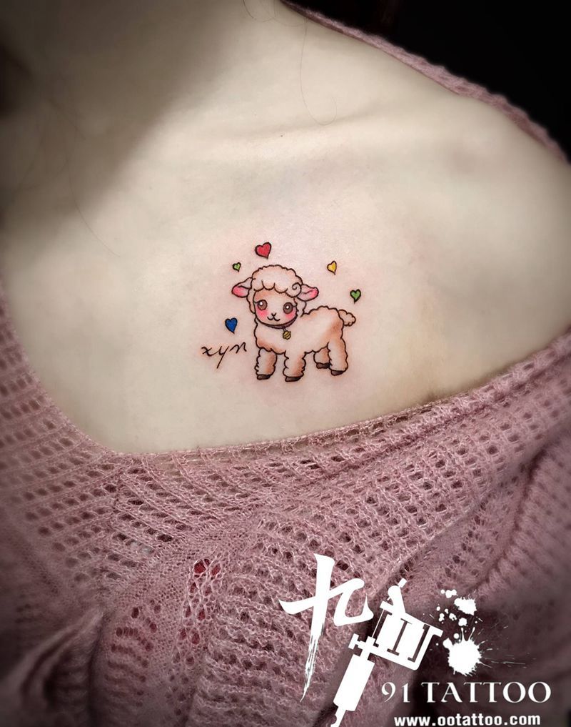 羊纹身图片_胸部水彩羊纹身图案