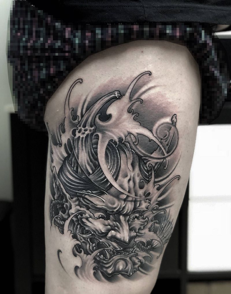 般若纹身图片_腿部新传统般若鬼腿纹身图案