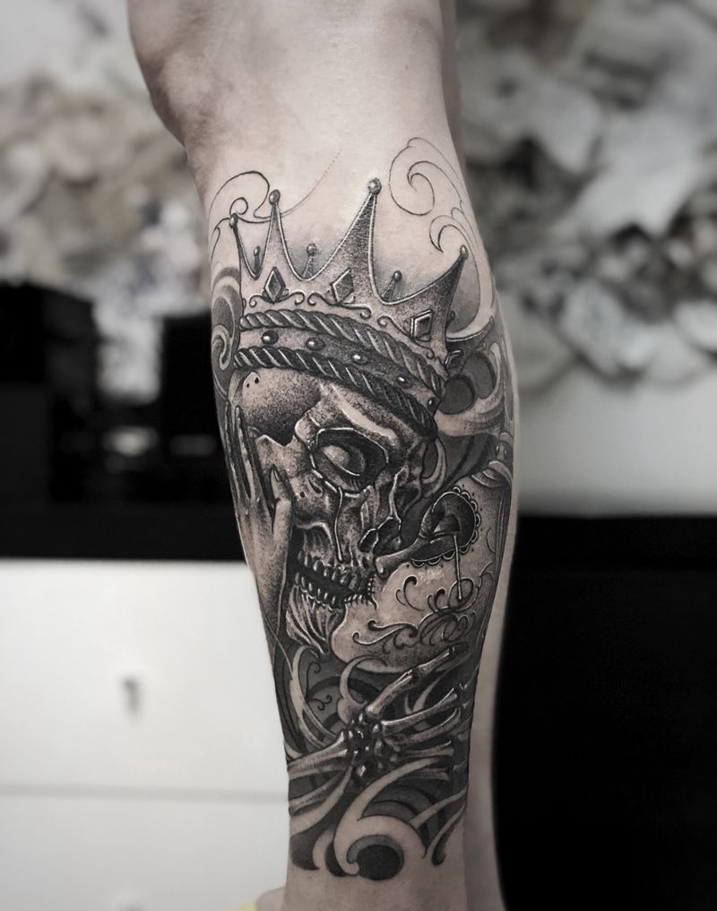 死了都要爱纹身图片_腿部脚部欧美写实点刺亡灵骷髅西海岸纹身图案