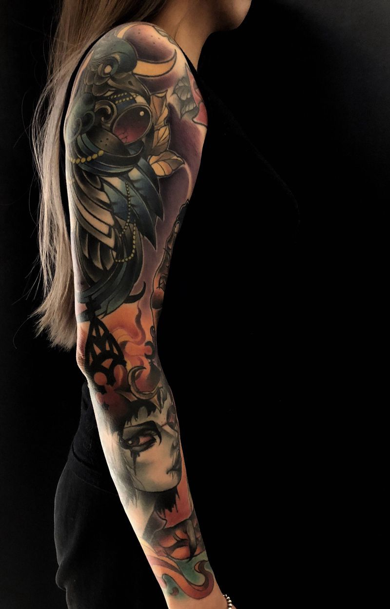 School花臂纹身图片_手臂肩部New School欧美写实花臂school花臂人物school纹身图案