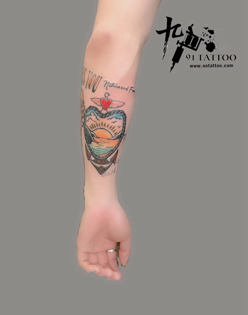 school纹身图片_手臂Old School风景纹身图案