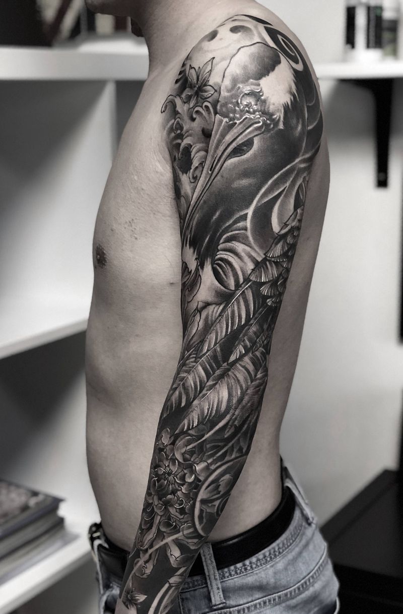 仙鹤整臂纹身图片_手臂肩部新传统点刺仙鹤纹身鹤纹身花臂纹身纹身图案