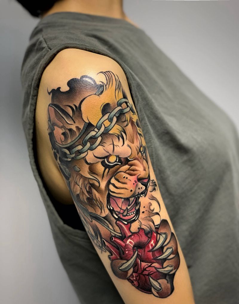 勇敢的心纹身图片_手臂肩部New School水彩狮子纹身NewSchool纹身第一次纹身纹身图案