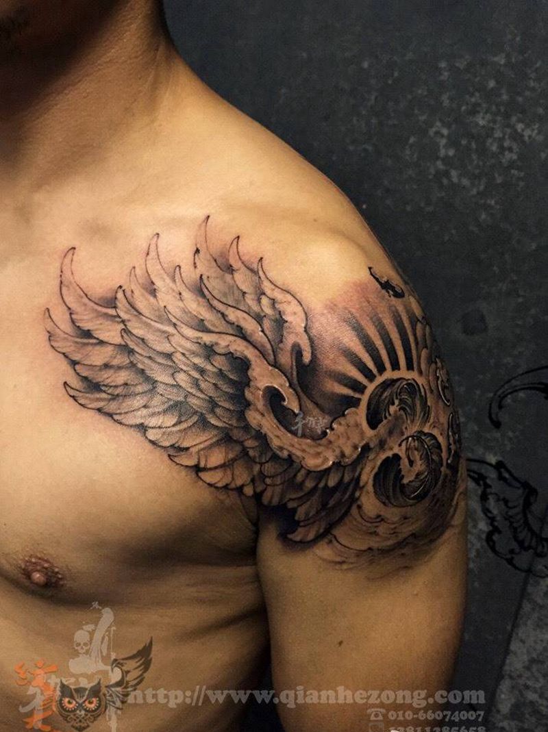 翅膀 数字纹身图片_欧美写实习俗成品手稿肩部颈部胸部鬼神原创纹身图案