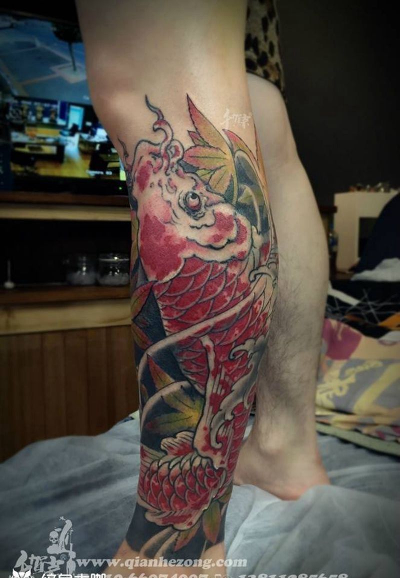 锦鲤纹身图片_手稿插画成品腿部传统习俗欧美原创国画动物纹身图案
