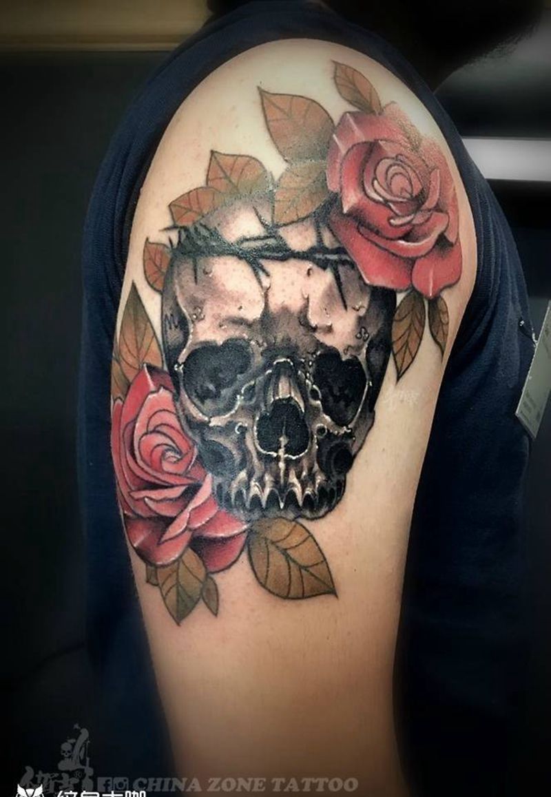 骷髅纹身图片_欧美动物原创人物宗教成品腿部写实纹身图案
