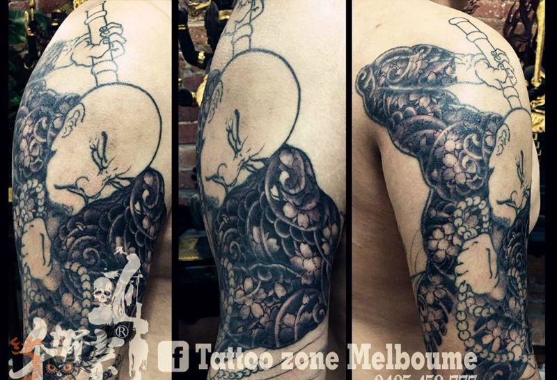 花和尚纹身图片_成品手稿传统欧美国画手臂肩部人物植物插画纹身图案