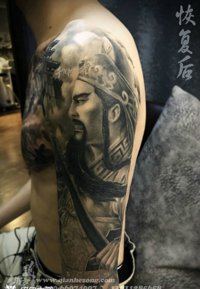 二爷纹身图片_传统清新国画写实成品手臂原创人物纹身图案