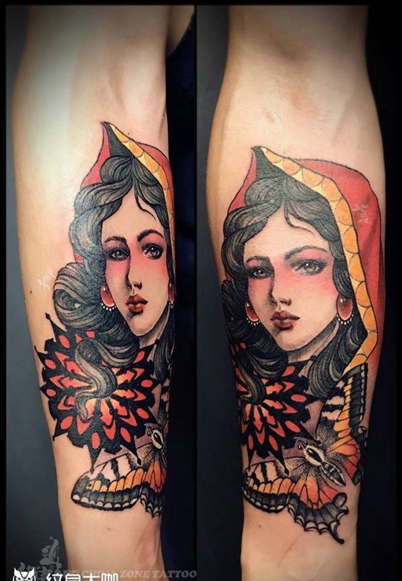 墨尔本店作品纹身图片_国画字符人物成品手臂欧美肖像原创纹身图案