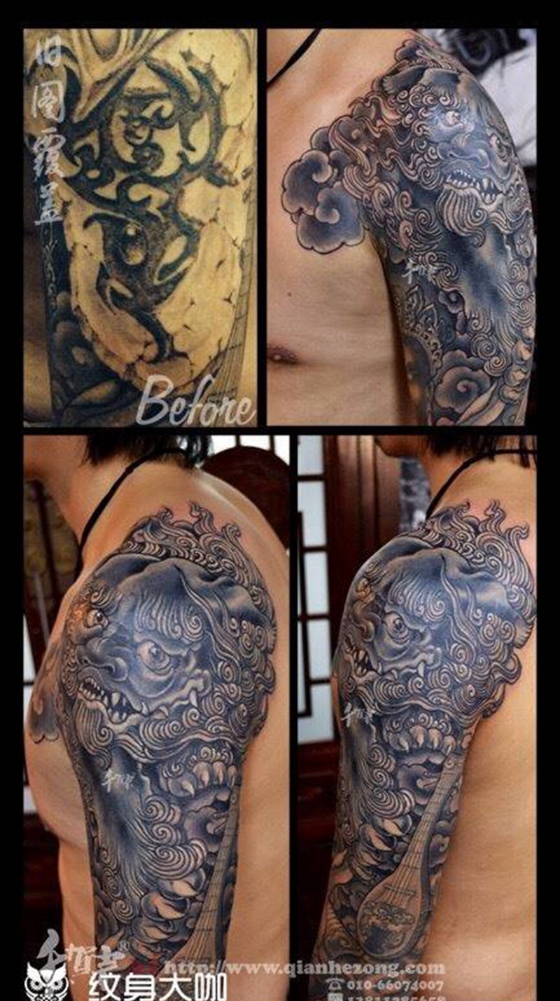唐狮子遮盖作品纹身图片_成品肩部手臂传统国画习俗动物纹身图案