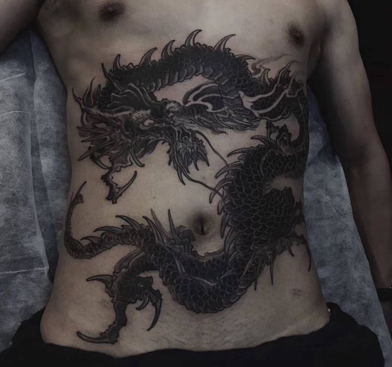 王位作品纹身图片_传统国画成品手稿插画腹部宗教动物原创神兽纹身图案