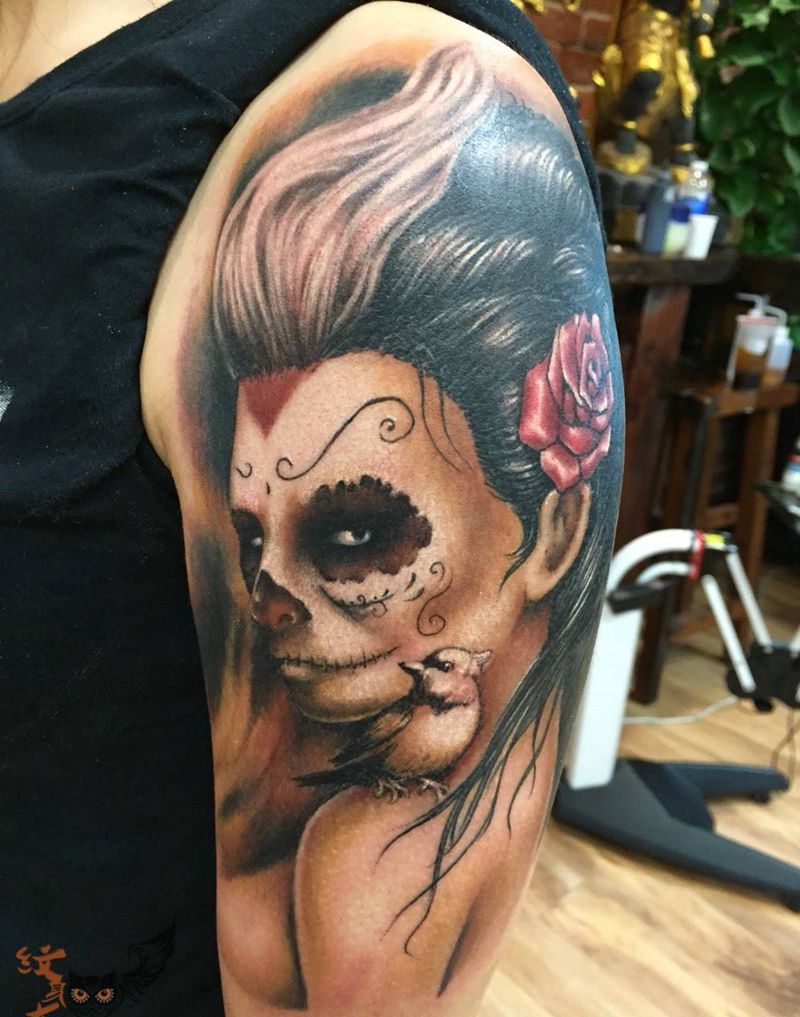 亡灵女孩纹身图片_成品手稿肩部手臂欧美写实肖像人物原创宗教纹身图案