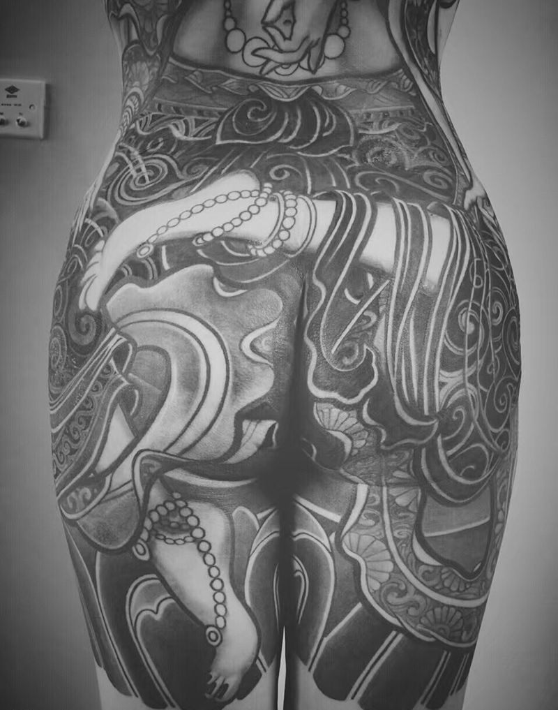 度母纹身图片_胸部臀部背部腿部成品写实传统国画人物原创纹身图案