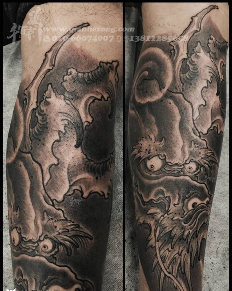 包小腿纹身图片_动物原创鬼神传统国画写实成品手稿脚部腿部纹身图案