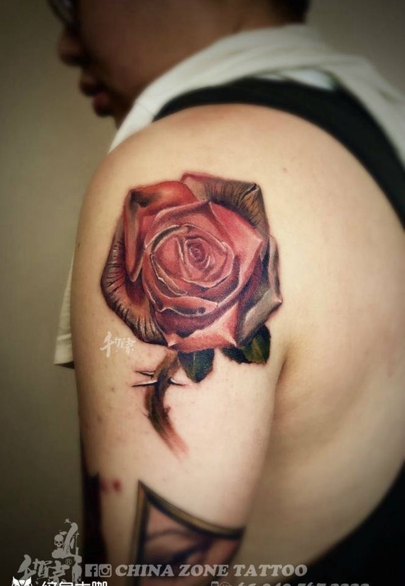 玫瑰纹身图片_成品传统写实肖像动物字符静物植物肩部颈部纹身图案