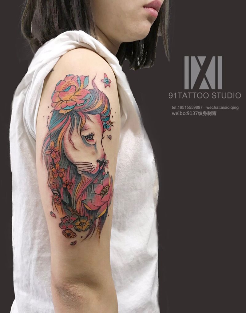 狮子座纹身图片_手臂水墨水彩纹身图案