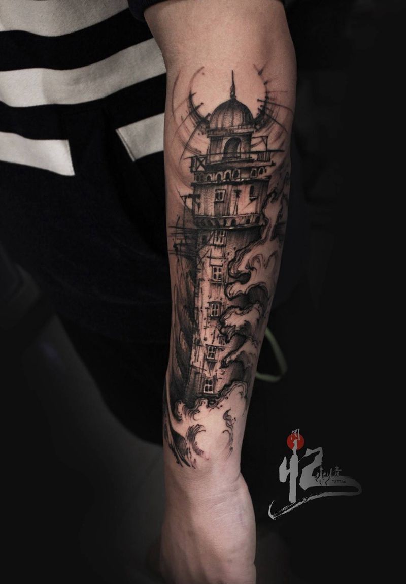 小臂外侧灯塔纹身图片_