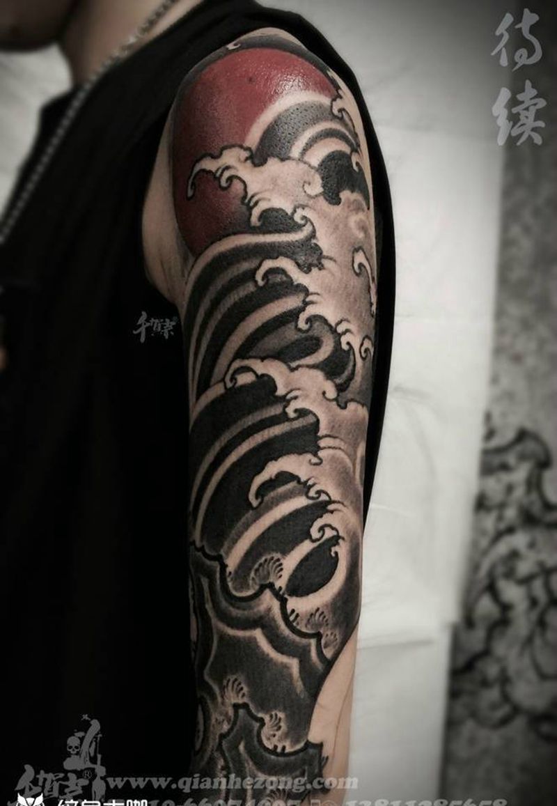 浪一个纹身图片_手臂成品手稿插画传统清新国画植物静物原创纹身图案