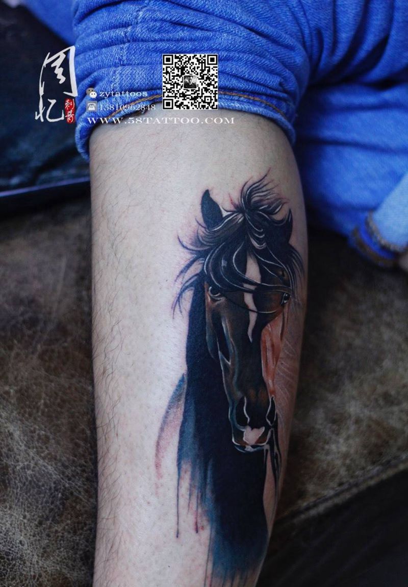 小腿外侧 马 水彩风格纹身图片_