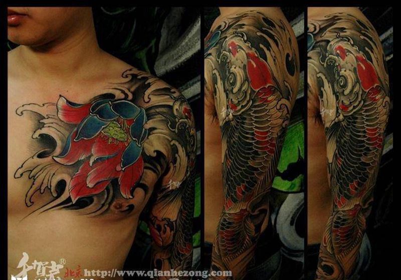 遮盖作品纹身图片_成品胸部手臂欧美传统国画鬼神动物原创纹身图案