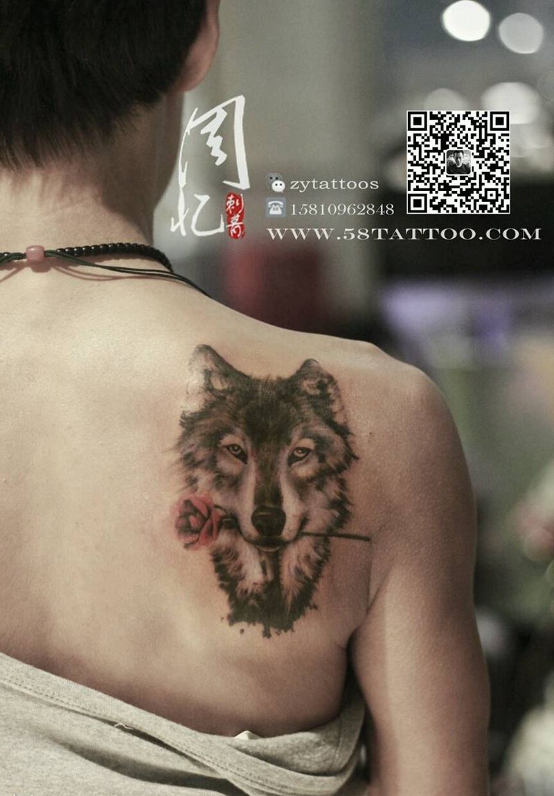 狼头纹身图片_肩部欧美动物周忆刺青成品纹身图案