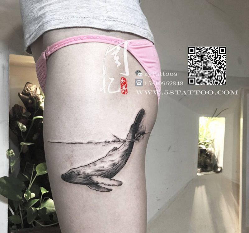 大腿鲸鱼纹身图片_