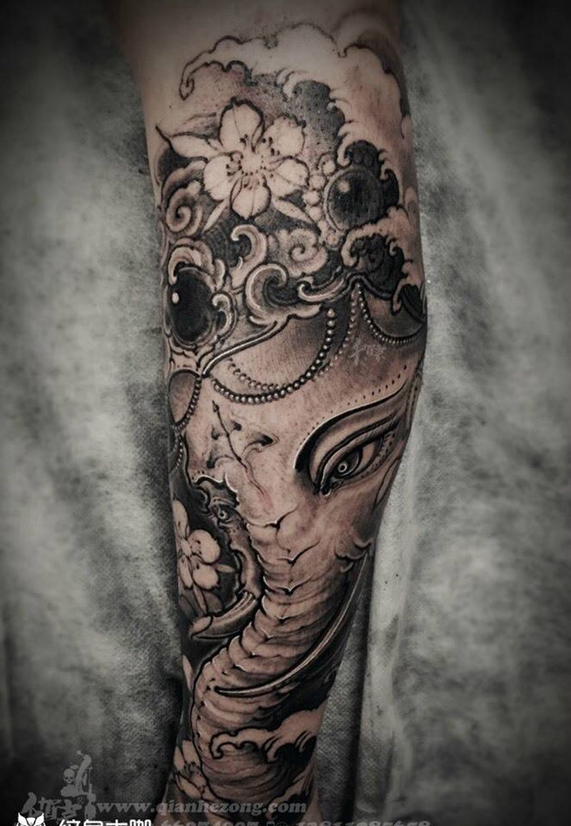 象神纹身图片_传统国画人物鬼神原创宗教手稿成品脚部腿部纹身图案