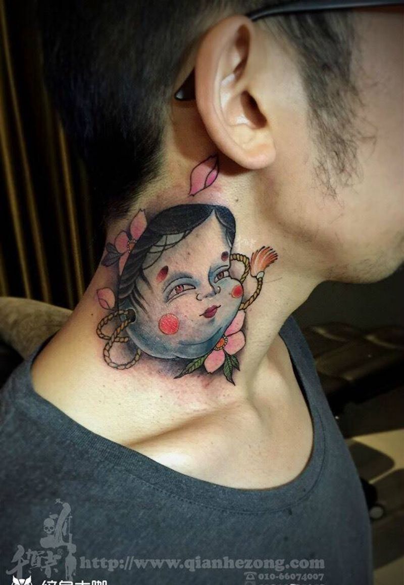 小能面纹身图片_传统习俗清新人物鬼神原创成品手稿颈部纹身图案