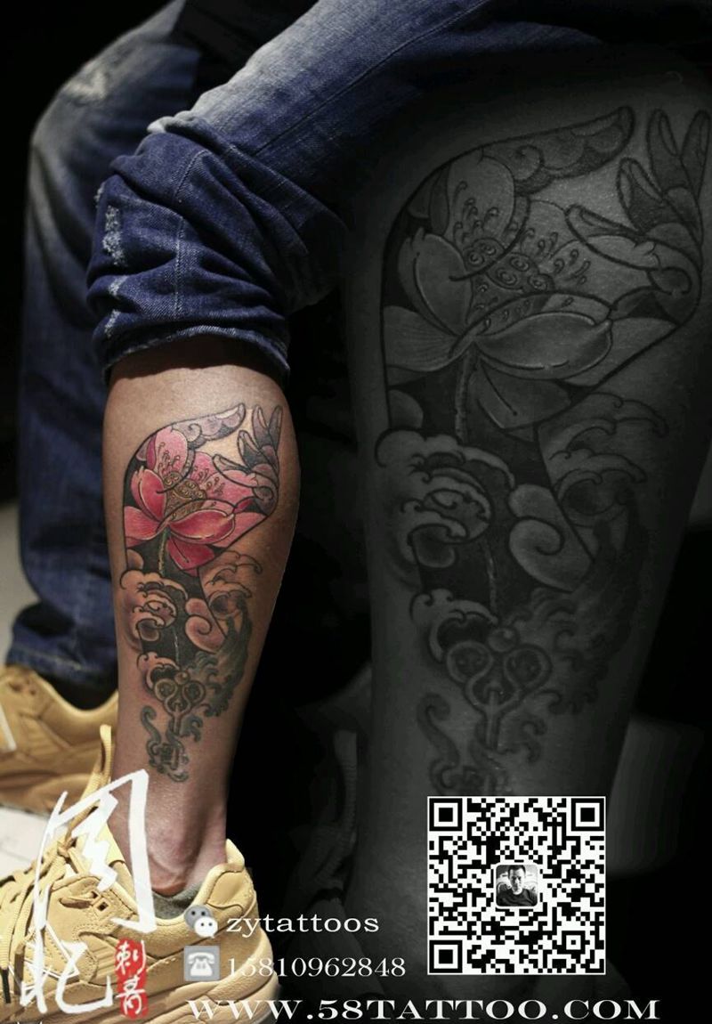 小腿佛手莲花纹身图片_