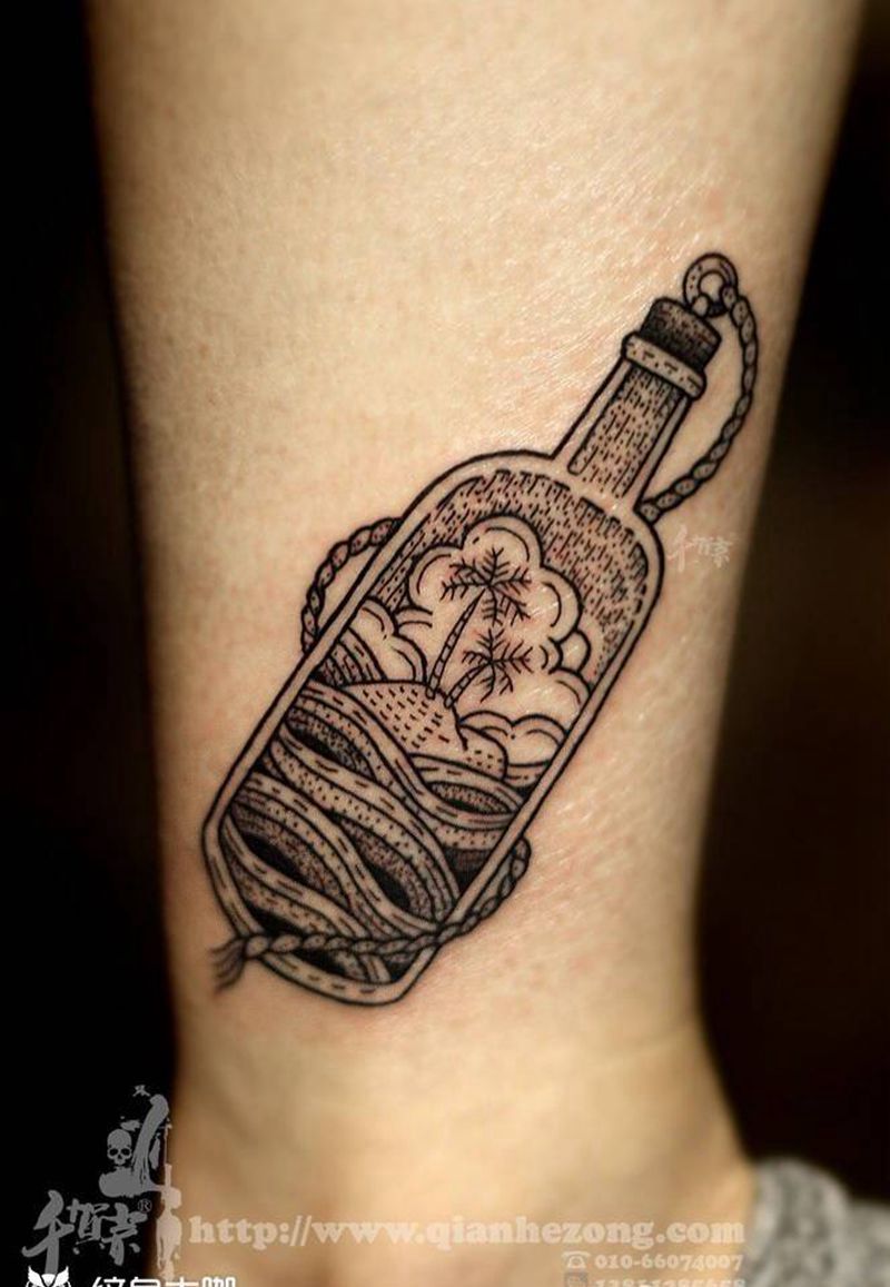 漂流瓶纹身图片_清新植物情侣鬼神原创成品手臂几何纹身图案