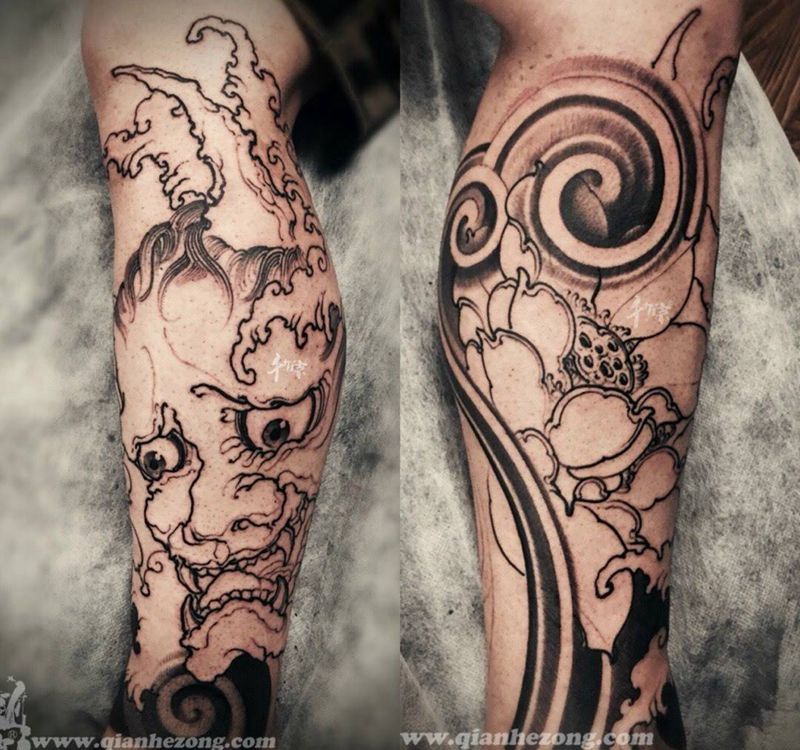几个未完成的腿纹身图片_传统人物动物鬼神原创腿部成品手稿插画纹身图案