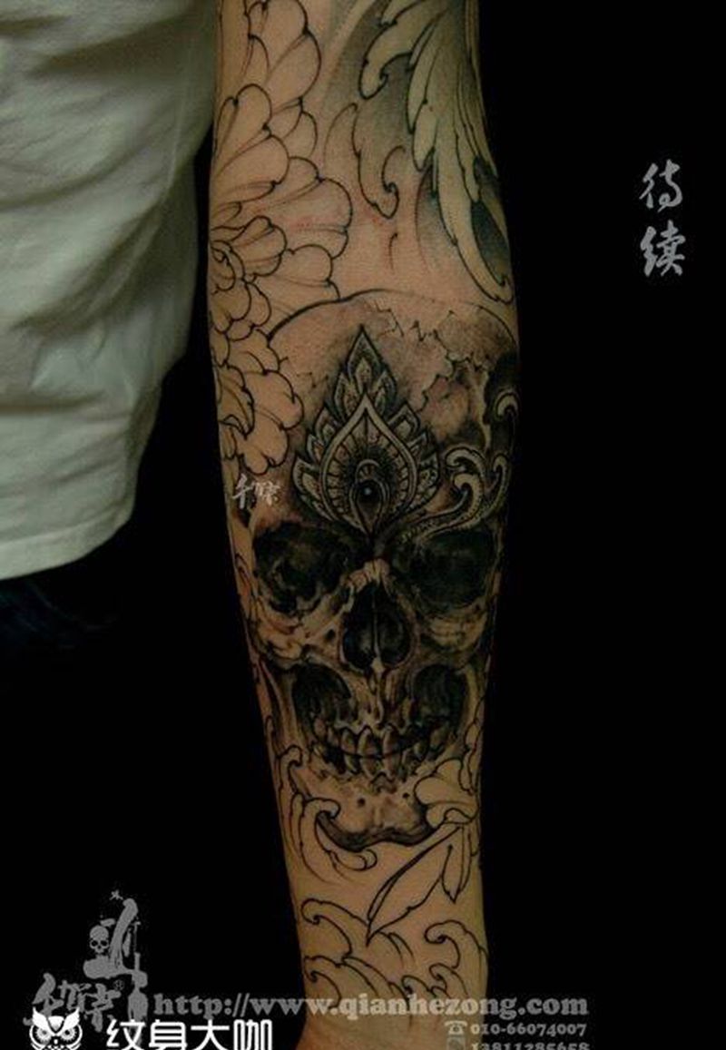 骷髅设计。纹身图片_成品手臂传统习俗鬼神动物人物植物原创纹身图案