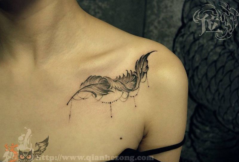 羽毛纹身图片_腰部肩部手稿成品欧美肖像几何原创清新纹身图案