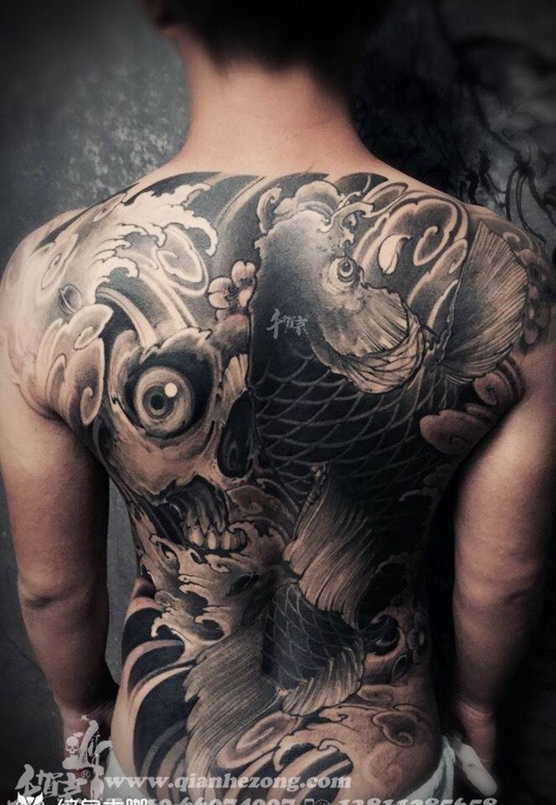 满背和花絮纹身图片_成品传统国画背部鬼神原创动物纹身图案