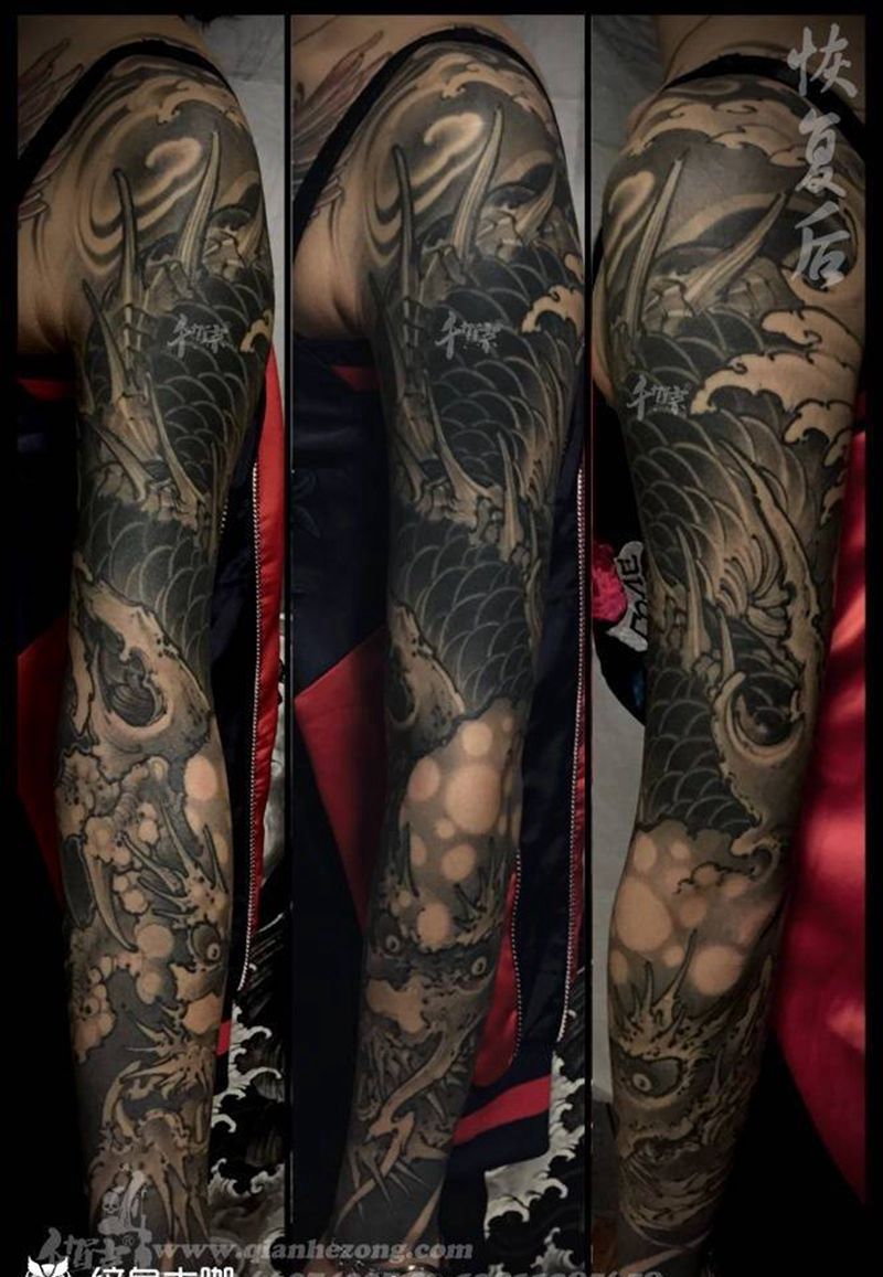 恢复后的整臂纹身图片_传统动物原创成品习俗神兽植物手部手臂国画纹身图案