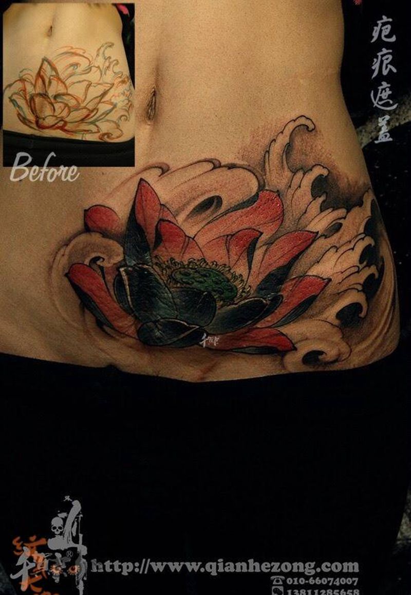 疤痕遮盖纹身图片_成品腹部传统习俗清新国画写实植物原创宗教纹身图案