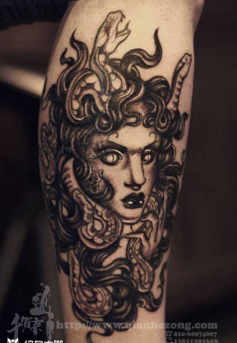 美杜沙010-66074007纹身图片_成品腿部传统习俗清新欧美人物鬼神原创纹身图案