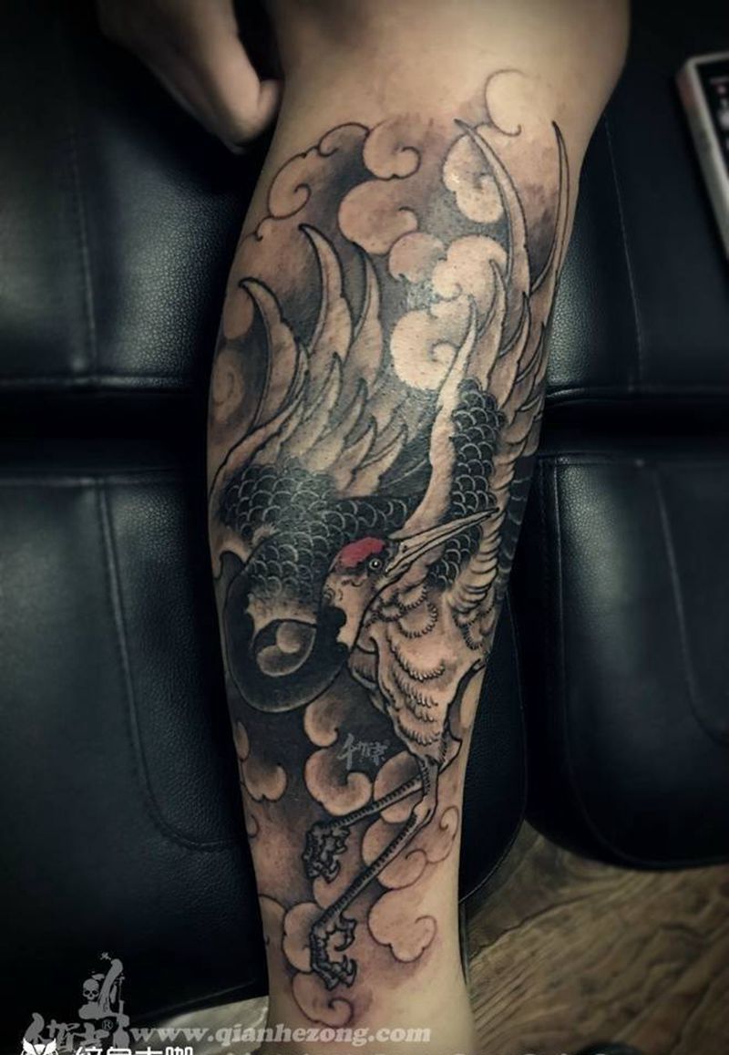 鹤纹身图片_传统成品手稿插画动物原创腿部纹身图案