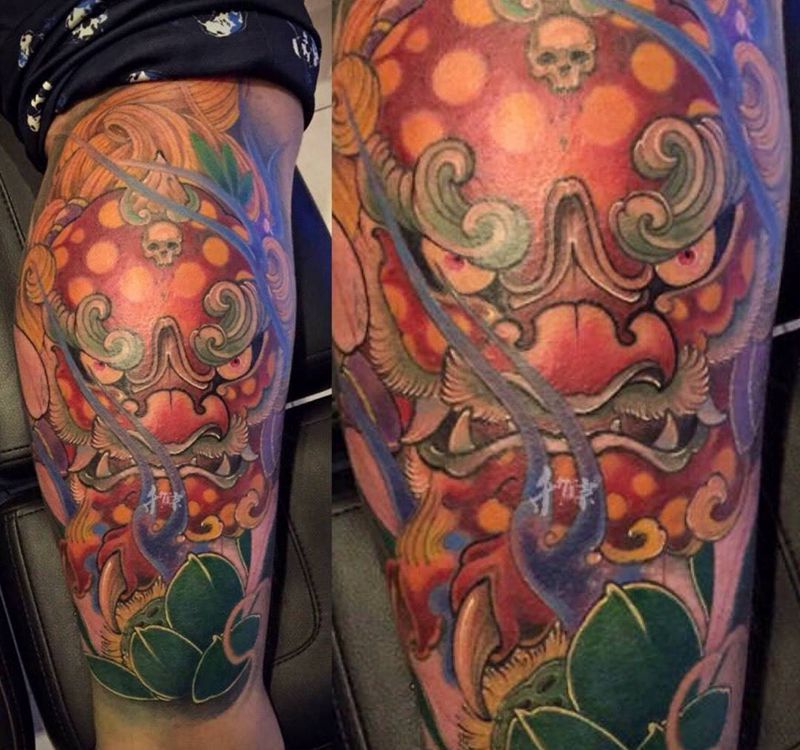 唐狮子 包小腿纹身图片_成品腿部传统国画动物原创纹身图案