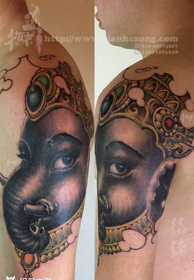 象神纹身图片_原创鬼神肖像传统欧美成品手臂纹身图案