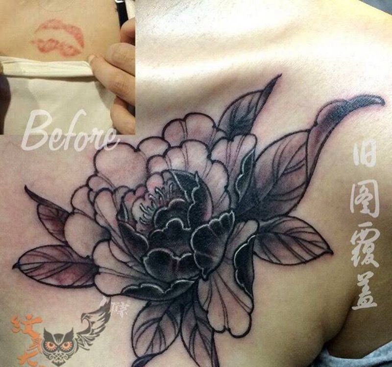 牡丹遮盖纹身图片_成品手稿传统颈部胸部植物清新国画原创覆盖纹身图案